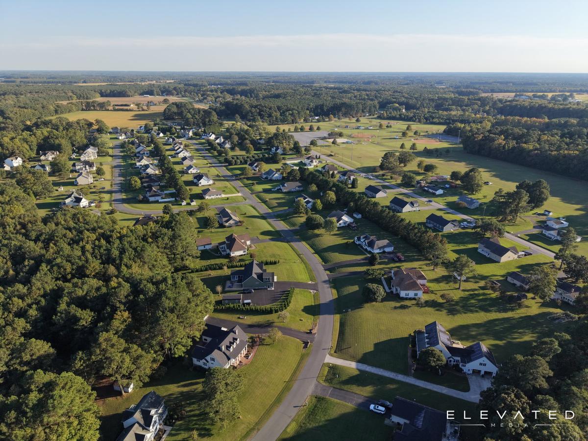 Aerial view of a planned neighborhood at golden hour